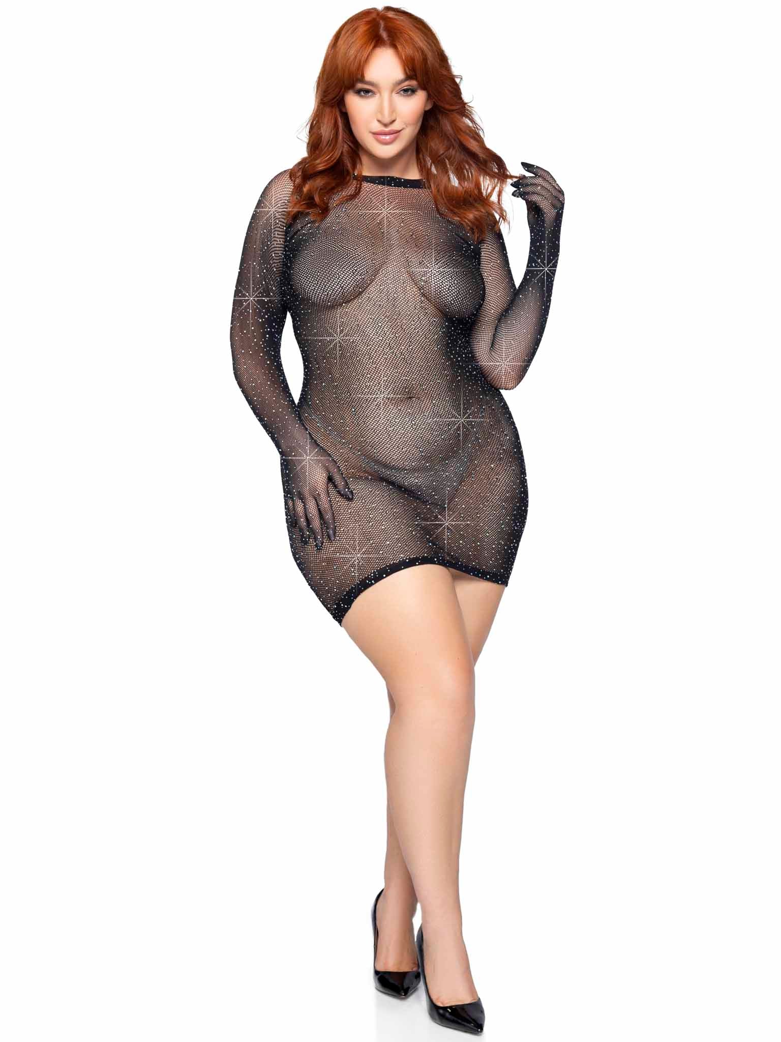 Leg Avenue Rhinestone Fishnet Gloved Mini Dress 86124X