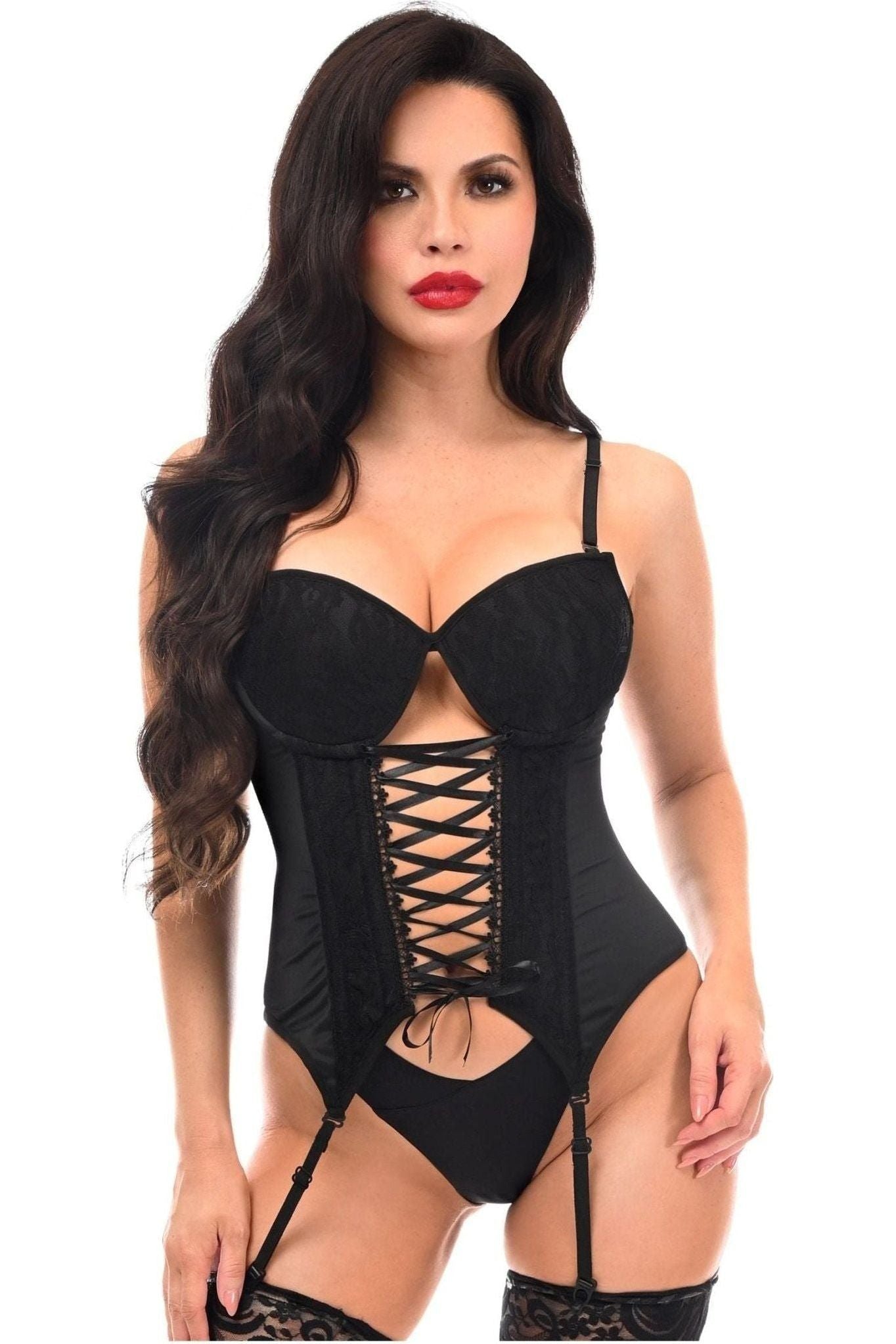 Lavish Black Lycra & Lace Hook & Eye Lace - Up Bustier Corset w/Garters - Daisy Corsets