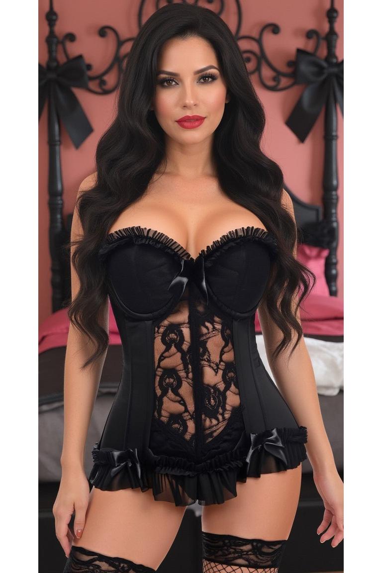 Lavish Black Lycra & Lace Hook & Eye Stretch Bustier Corset - Daisy Corsets