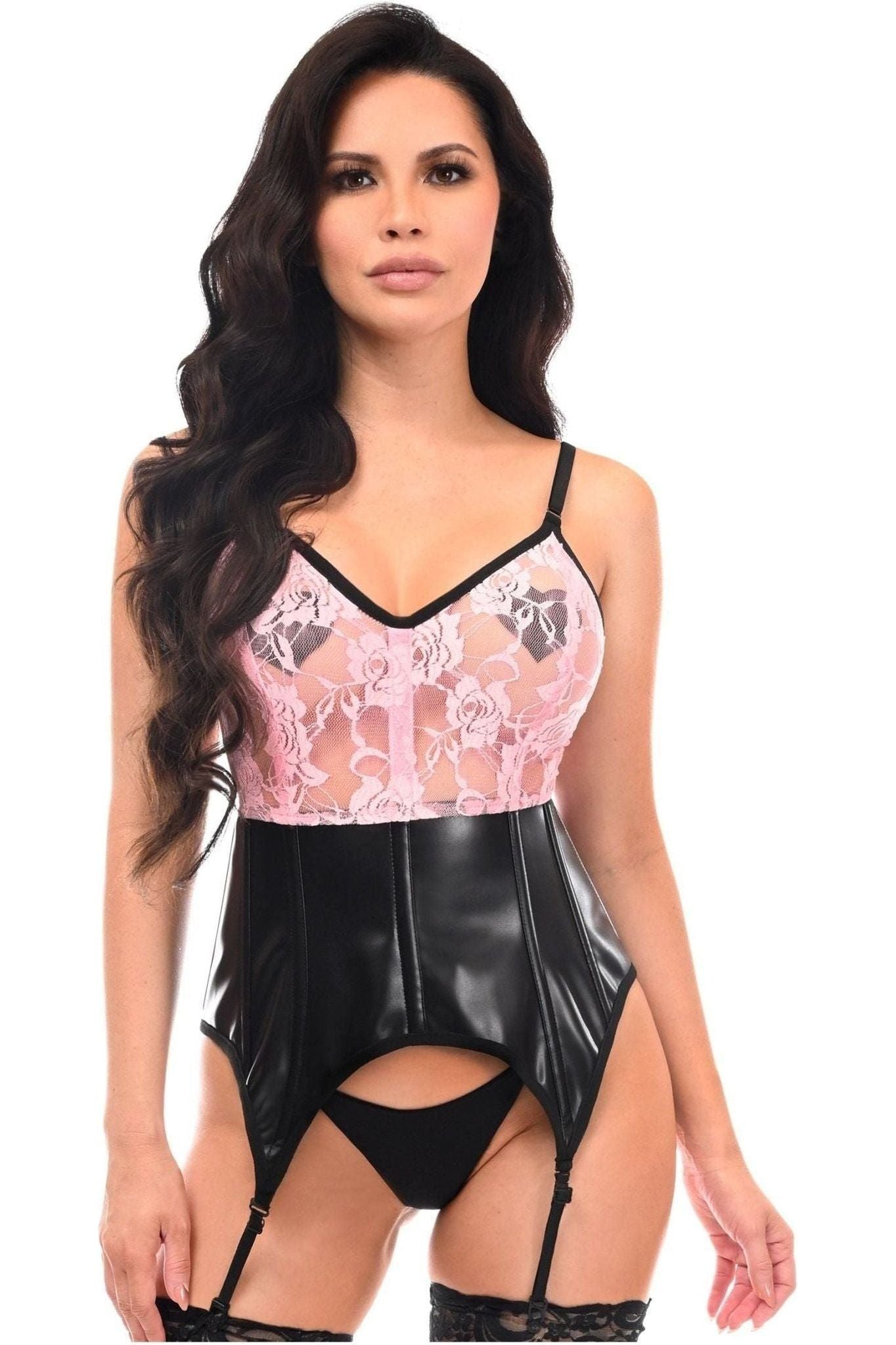 Lavish Black/Pink Wet Look & Lace Bustier Corset w/Garters - Daisy Corsets