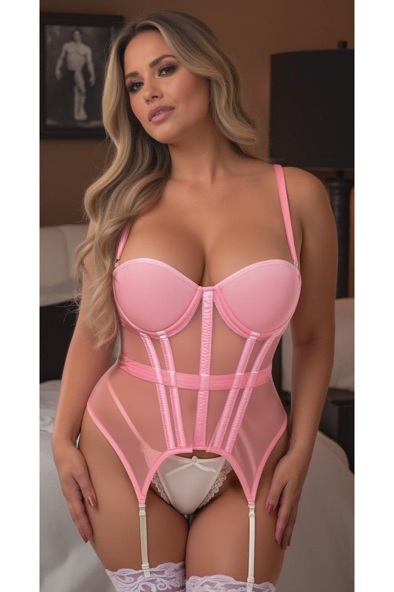 Lavish Lt Pink Mesh Underwire Bustier Corset w/Garters - Daisy Corsets