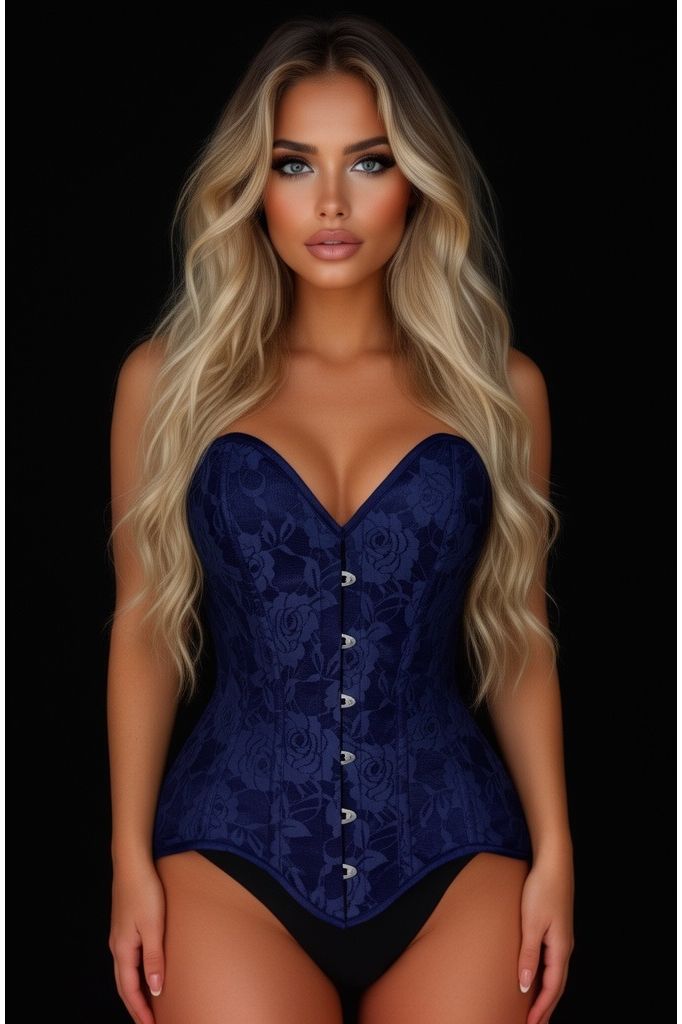Lavish Navy Blue Lace Overbust Corset Sweetheart Neckline Busk Closure - Daisy Corsets