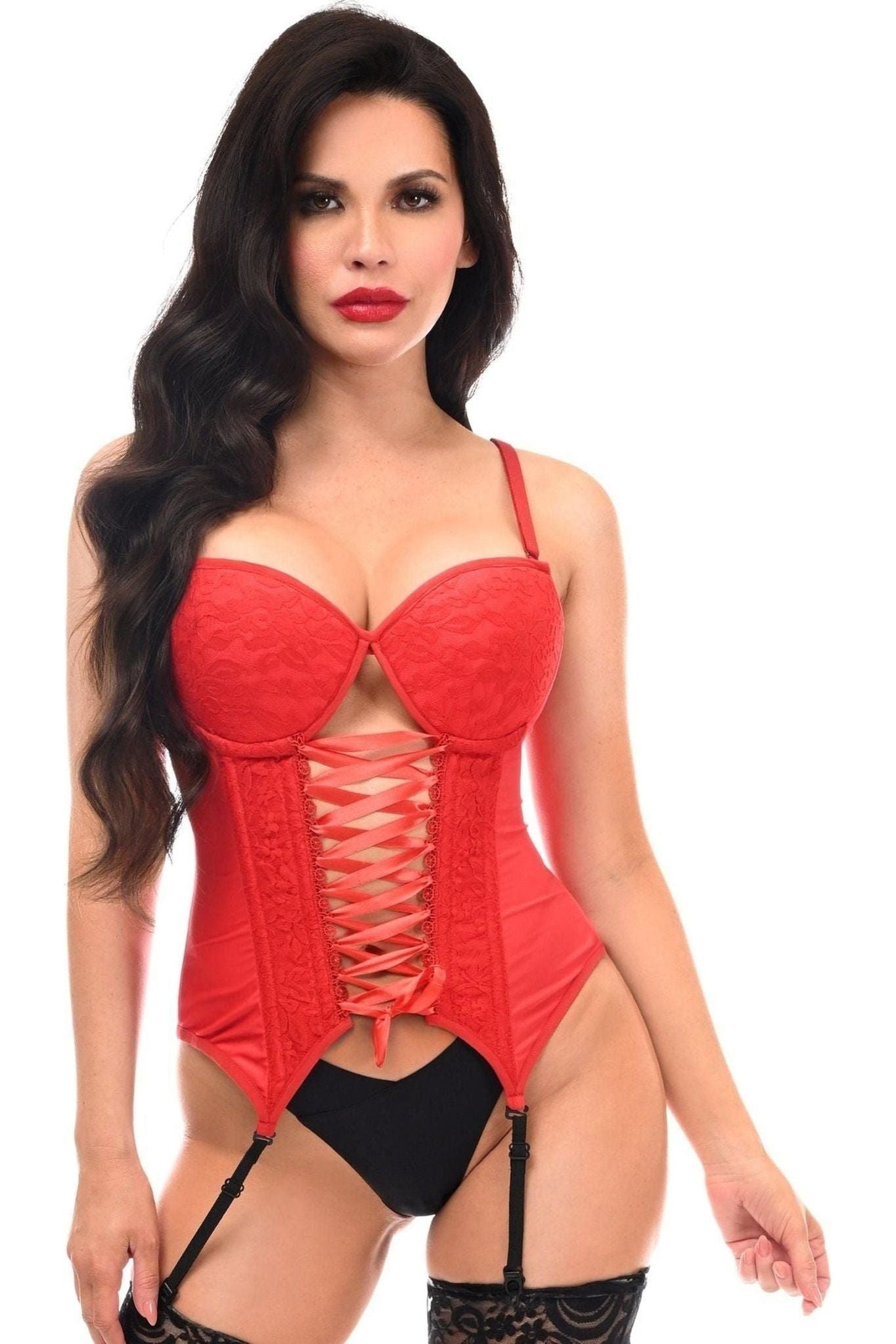 Lavish Red Lycra & Lace Hook & Eye Lace - Up Bustier Corset w/Garters - Daisy Corsets