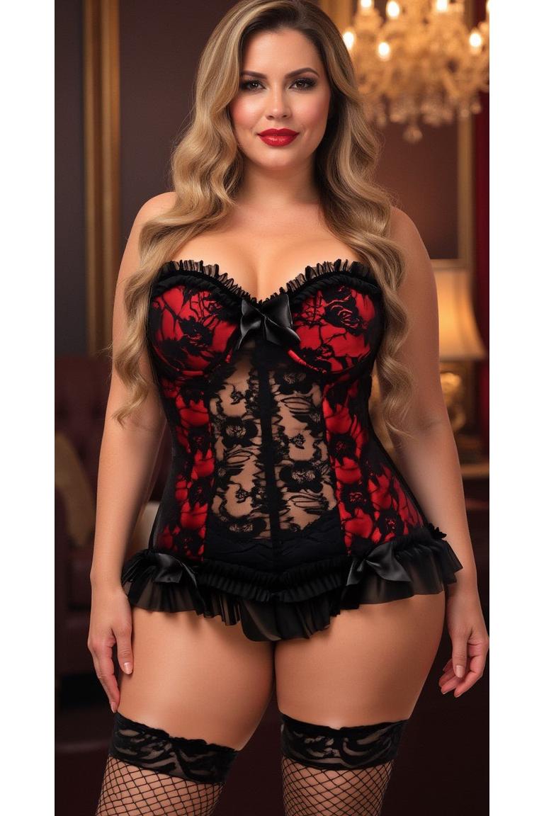 Lavish Red w/Black Lace & Lycra Hook & Eye Stretch Bustier Corset - Daisy Corsets