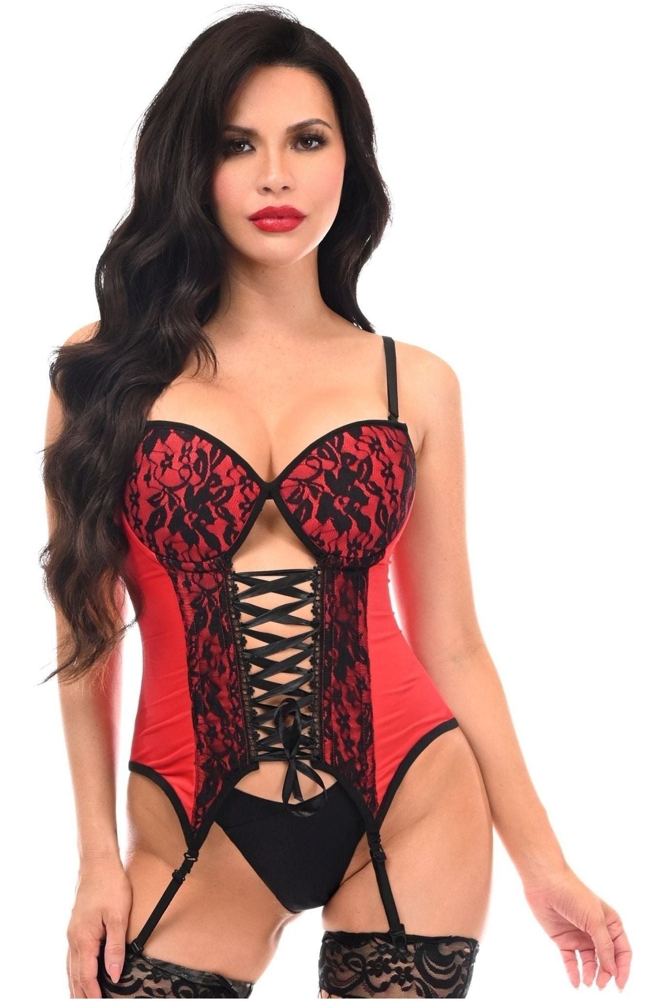 Lavish Red/Black Lycra & Lace Hook & Eye Lace - Up Bustier Corset w/Garters - Daisy Corsets