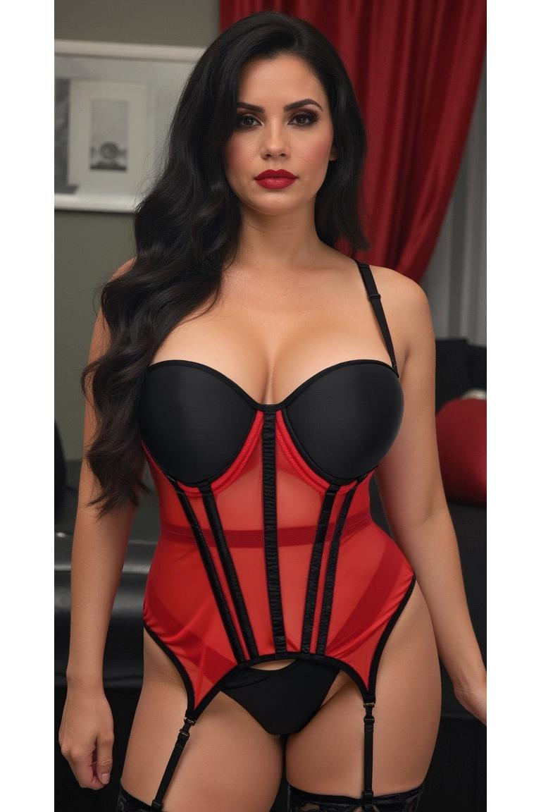 Lavish Red/Black Mesh Underwire Bustier Corset w/Garters - Daisy Corsets