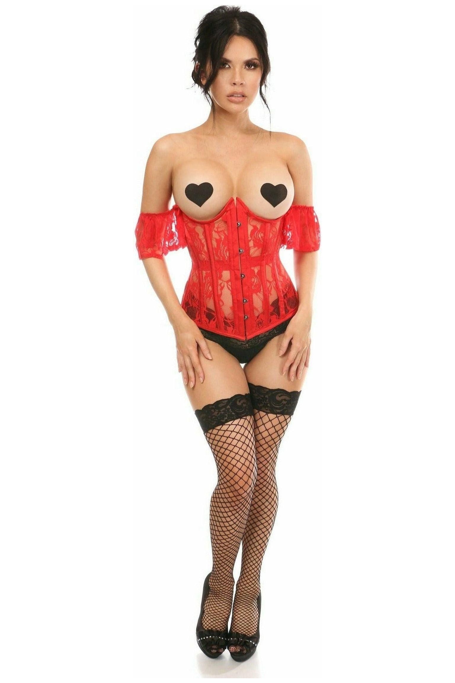 Lavish Sheer Red Lace Underbust Underwire Corset w/Ruffle Sleeve - Daisy Corsets