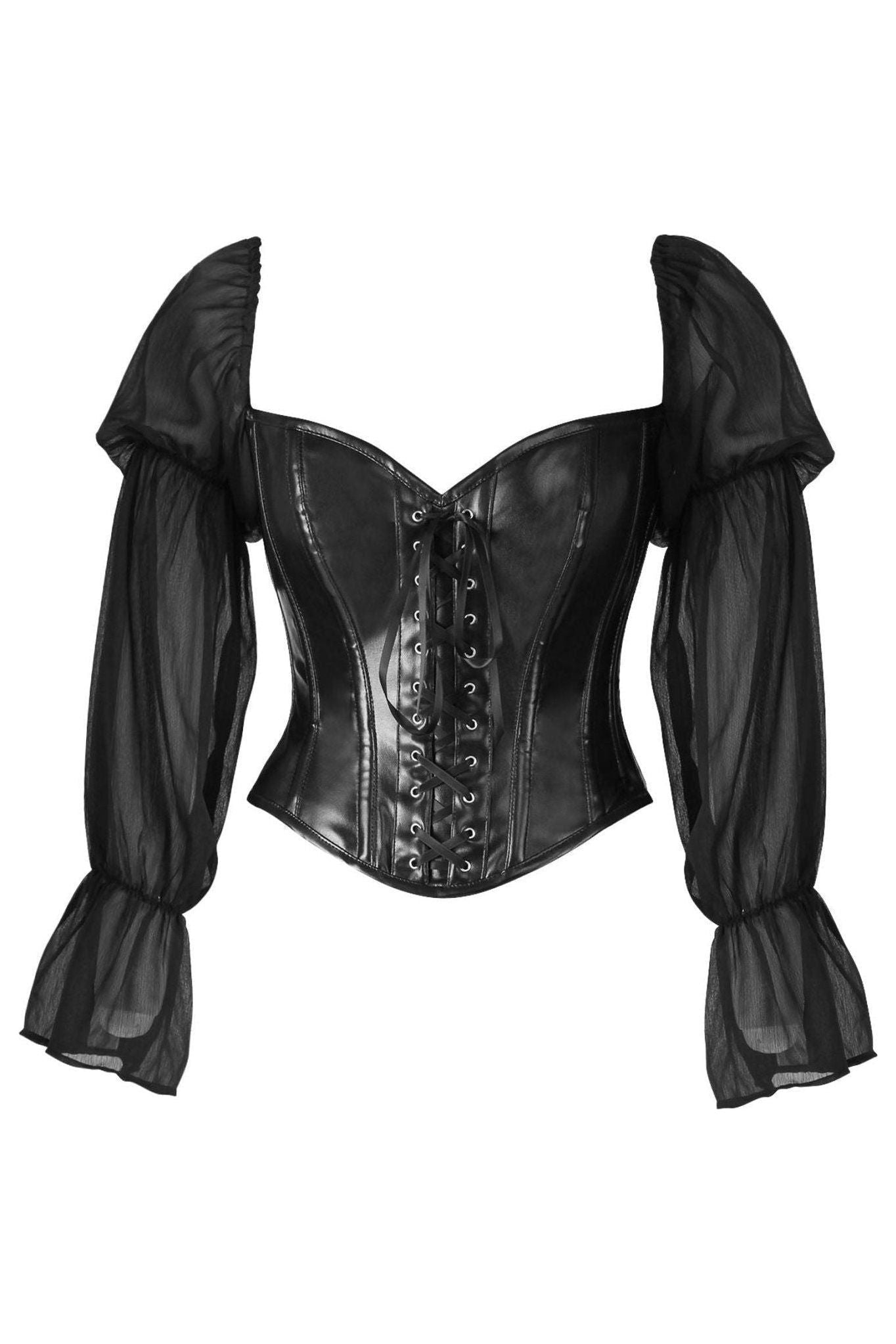 Top Drawer Black Faux Leather Steel Boned Corset w/Sleeves - Daisy Corsets