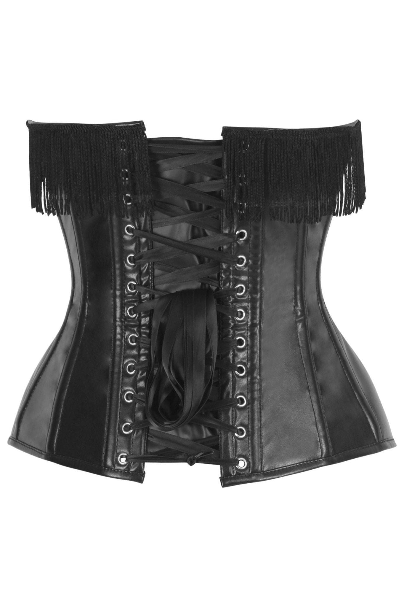 Top Drawer Black Faux Leather Steel Boned Overbust Corset w/Fringe - Daisy Corsets