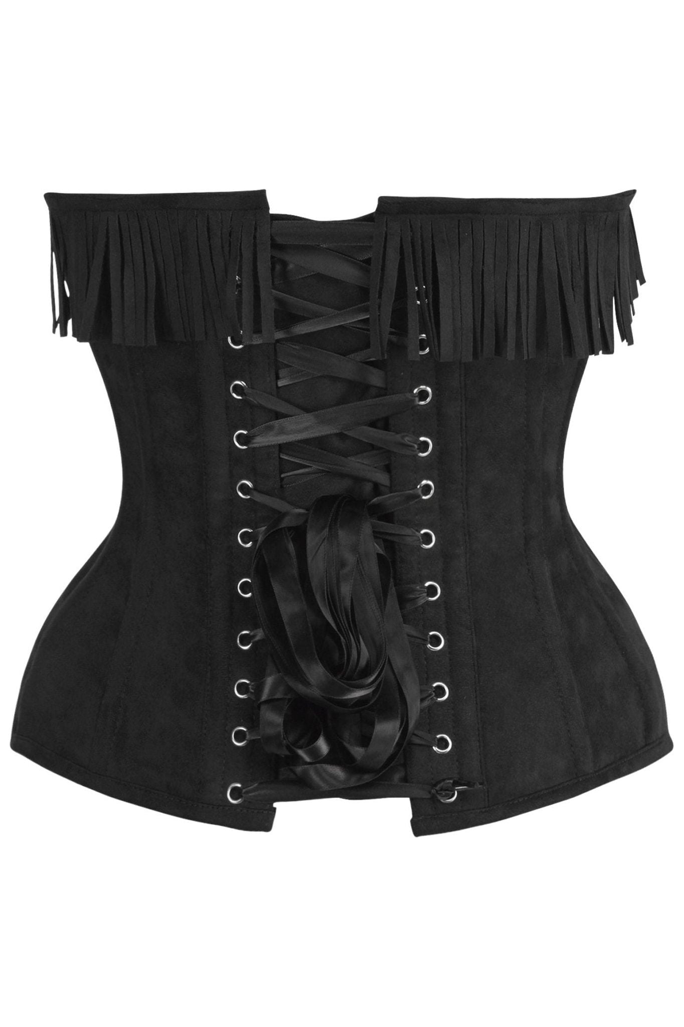 Top Drawer Black Suede Steel Boned Overbust Corset w/Fringe - Daisy Corsets