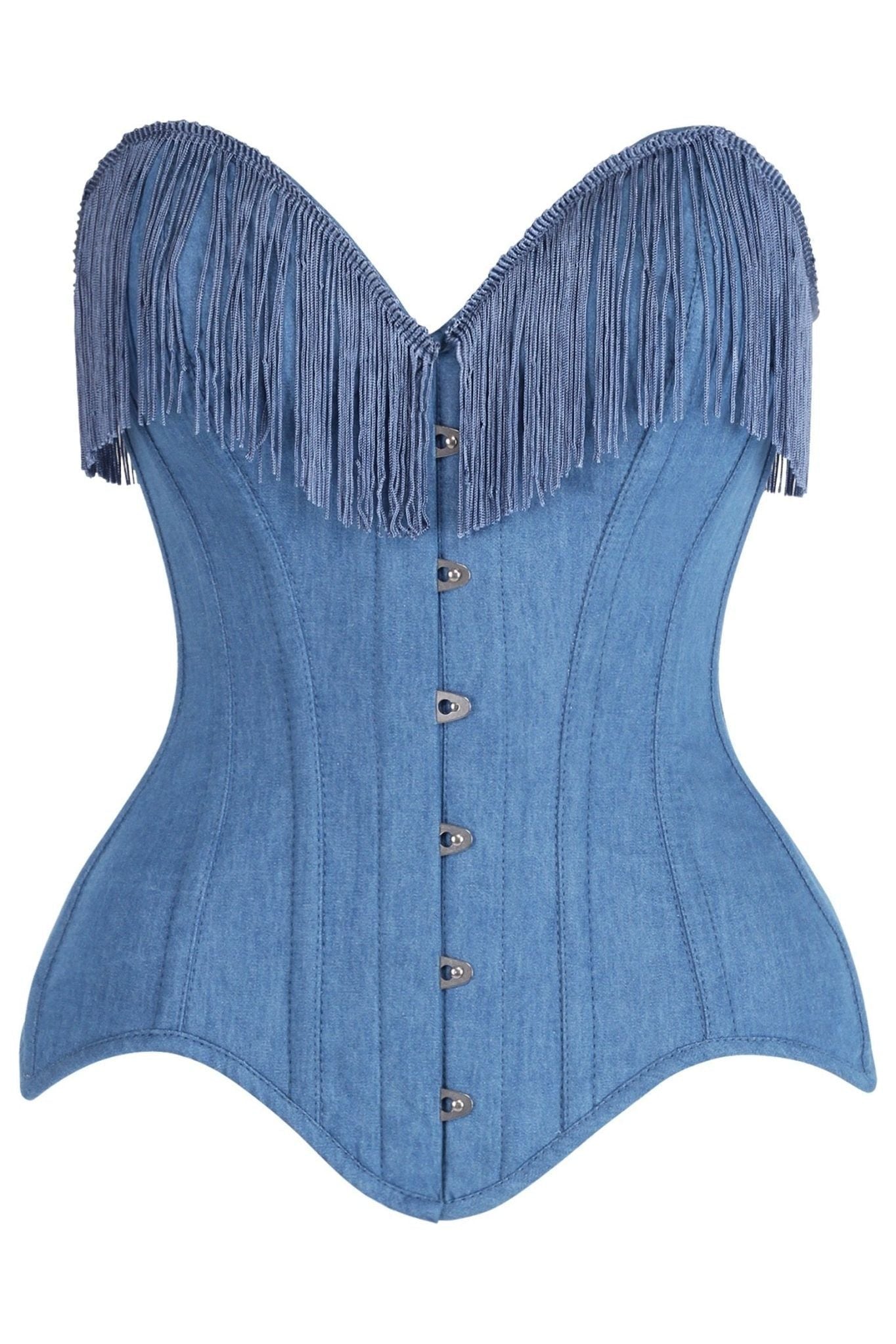 Top Drawer Blue Denim Steel Boned Overbust Corset w/Fringe - Daisy Corsets
