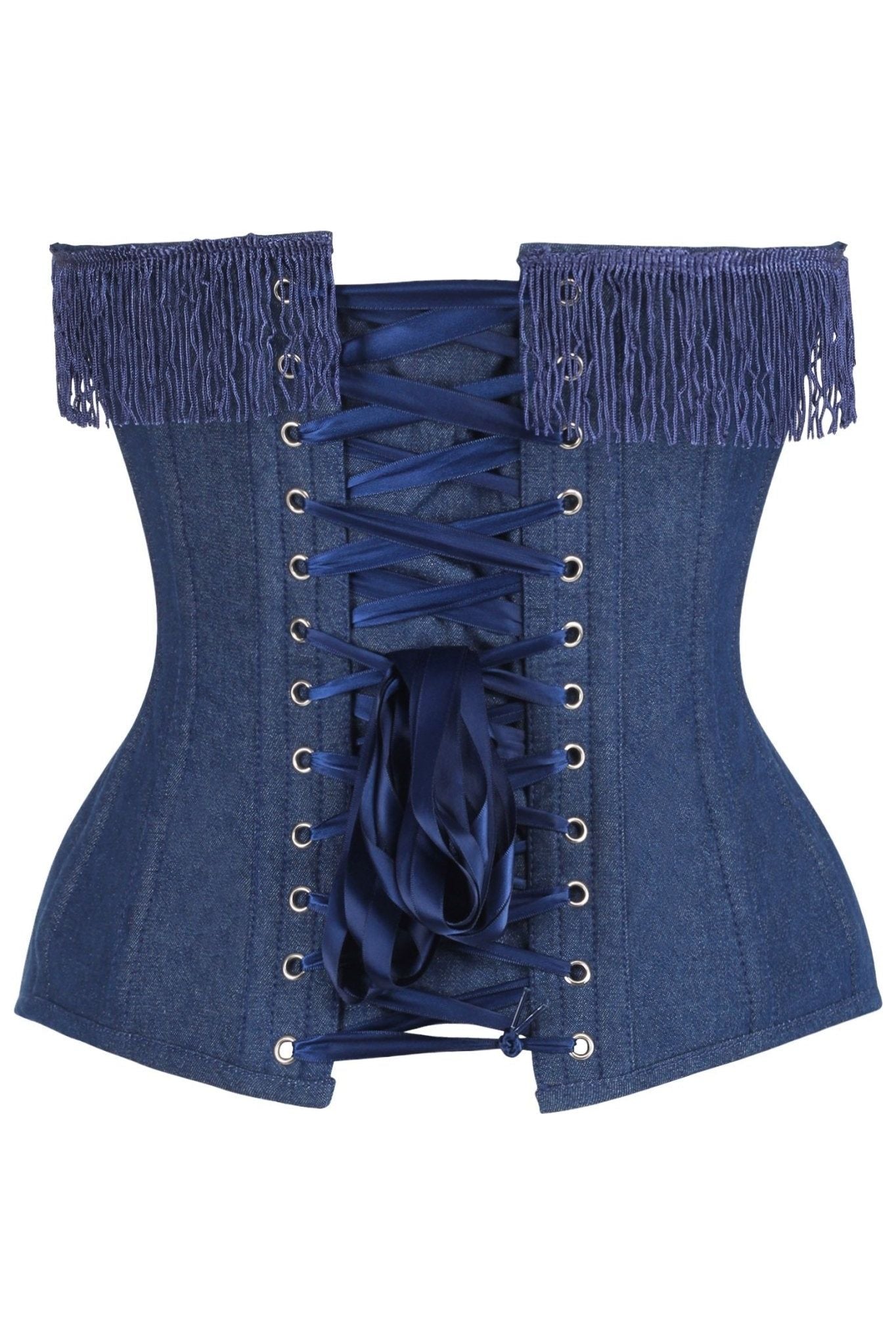 Top Drawer Dark Blue Denim Steel Boned Overbust Corset w/Fringe - Daisy Corsets