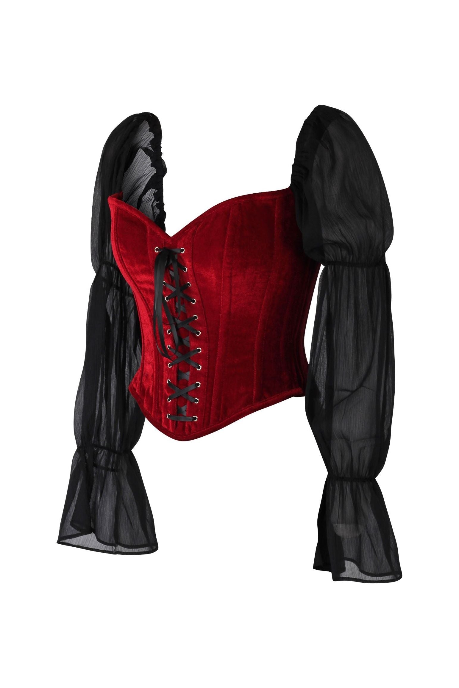 Top Drawer Dark Red Velvet Steel Boned Corset w/Sleeves - Daisy Corsets