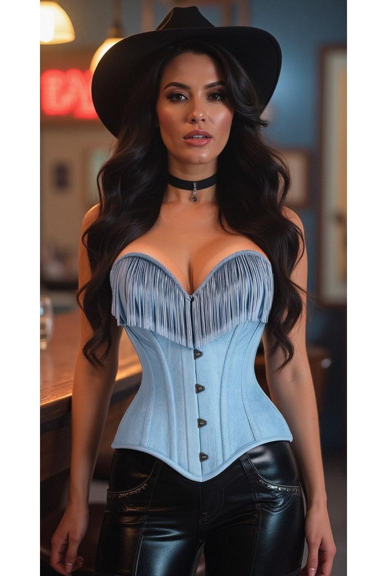 Top Drawer Light Blue Denim Steel Boned Overbust Corset w/Fringe - Daisy Corsets