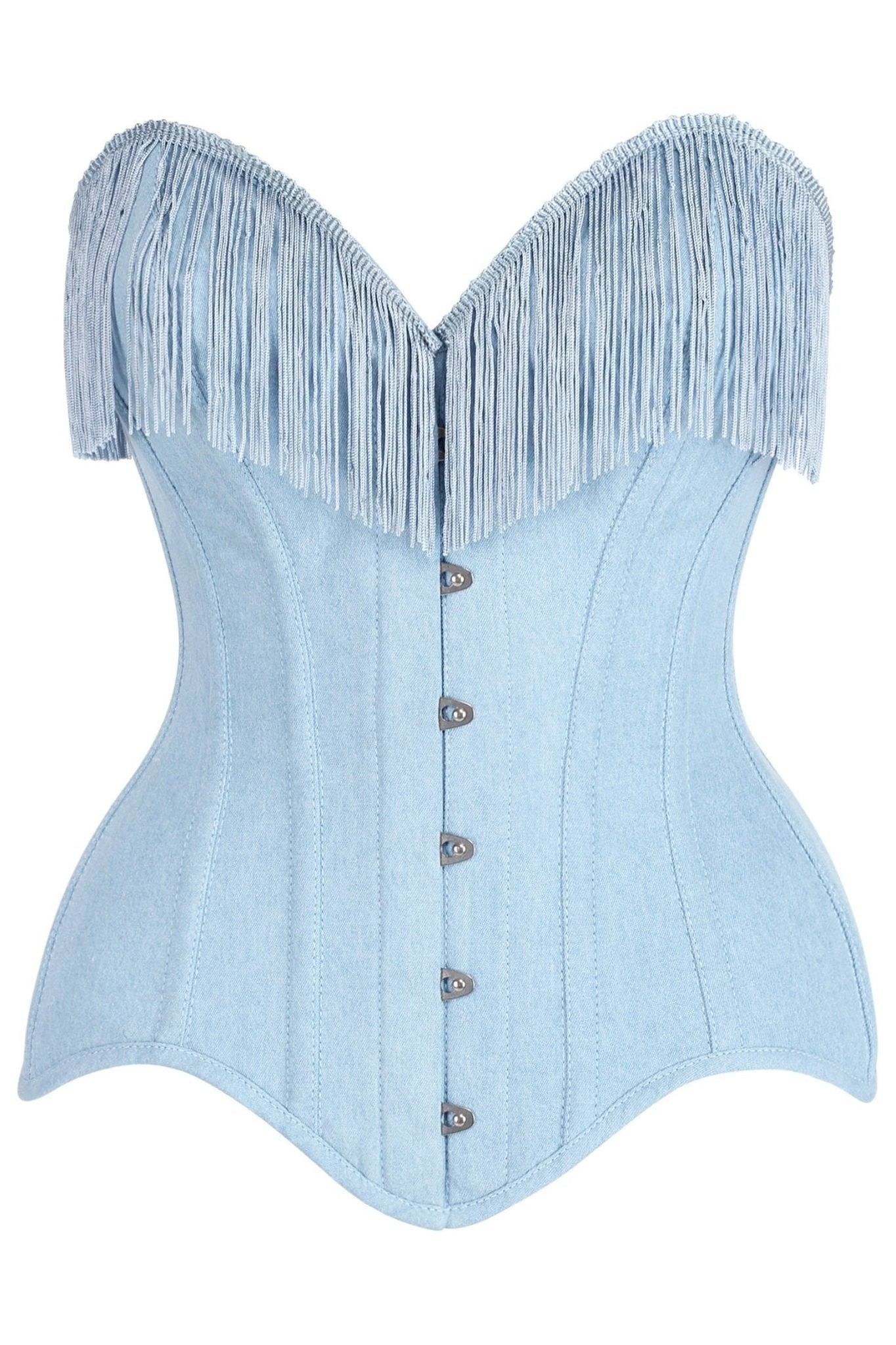 Top Drawer Light Blue Denim Steel Boned Overbust Corset w/Fringe - Daisy Corsets