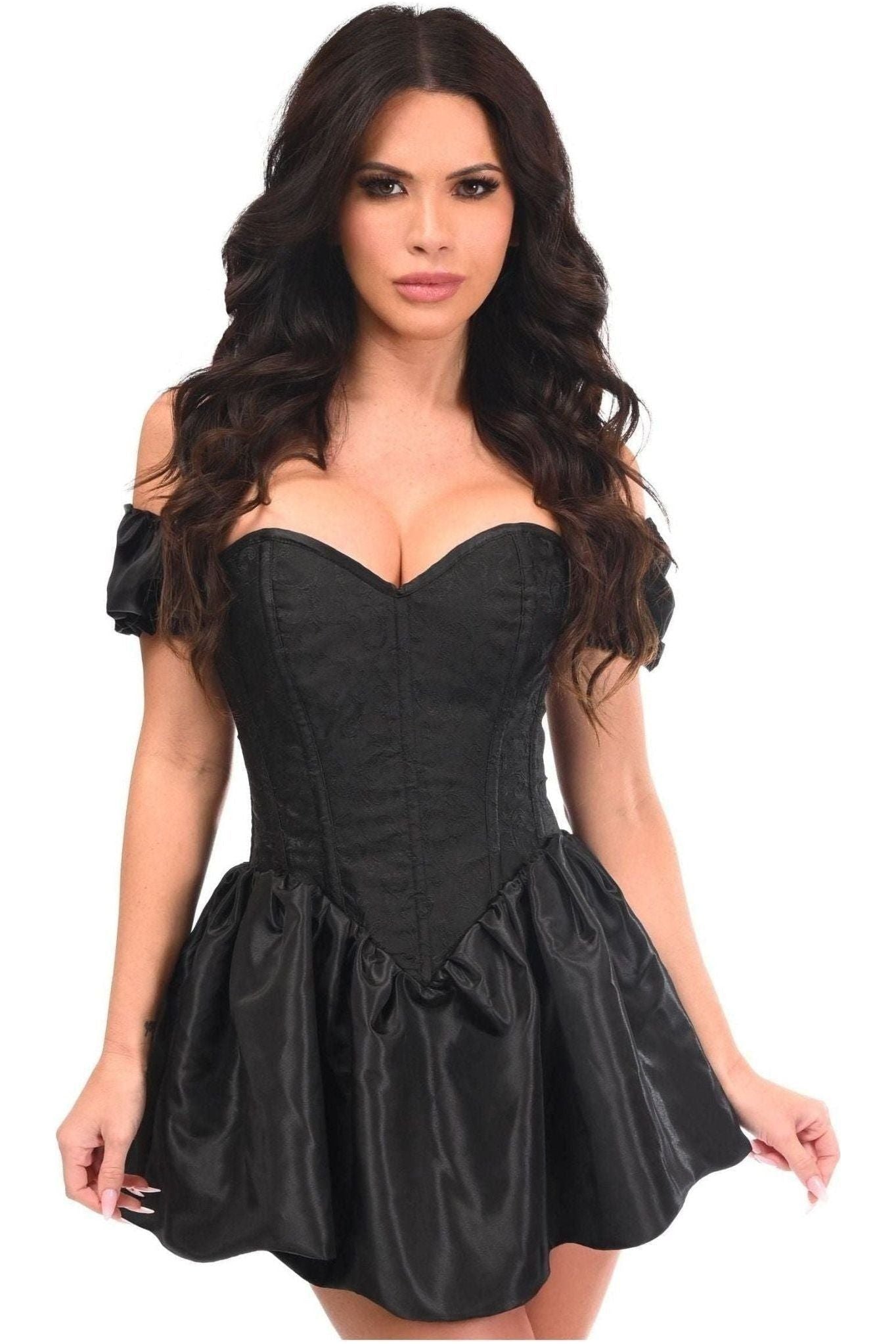 Top Drawer Steel Boned Black Brocade & Taffeta Corset Dress - Daisy Corsets