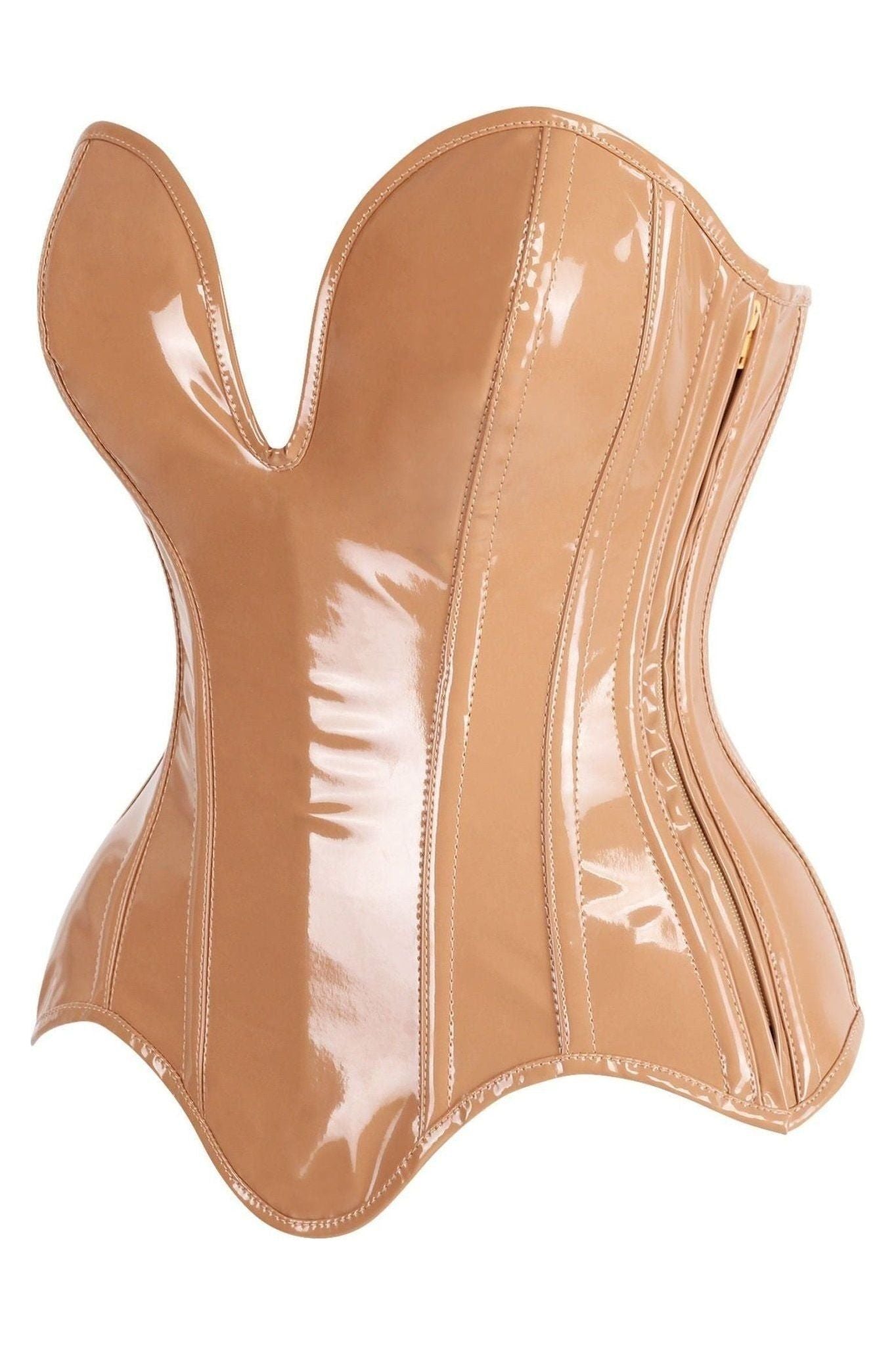 Top Drawer Steel Boned Caramel Patent Plunge Neckline Overbust Corset - Daisy Corsets