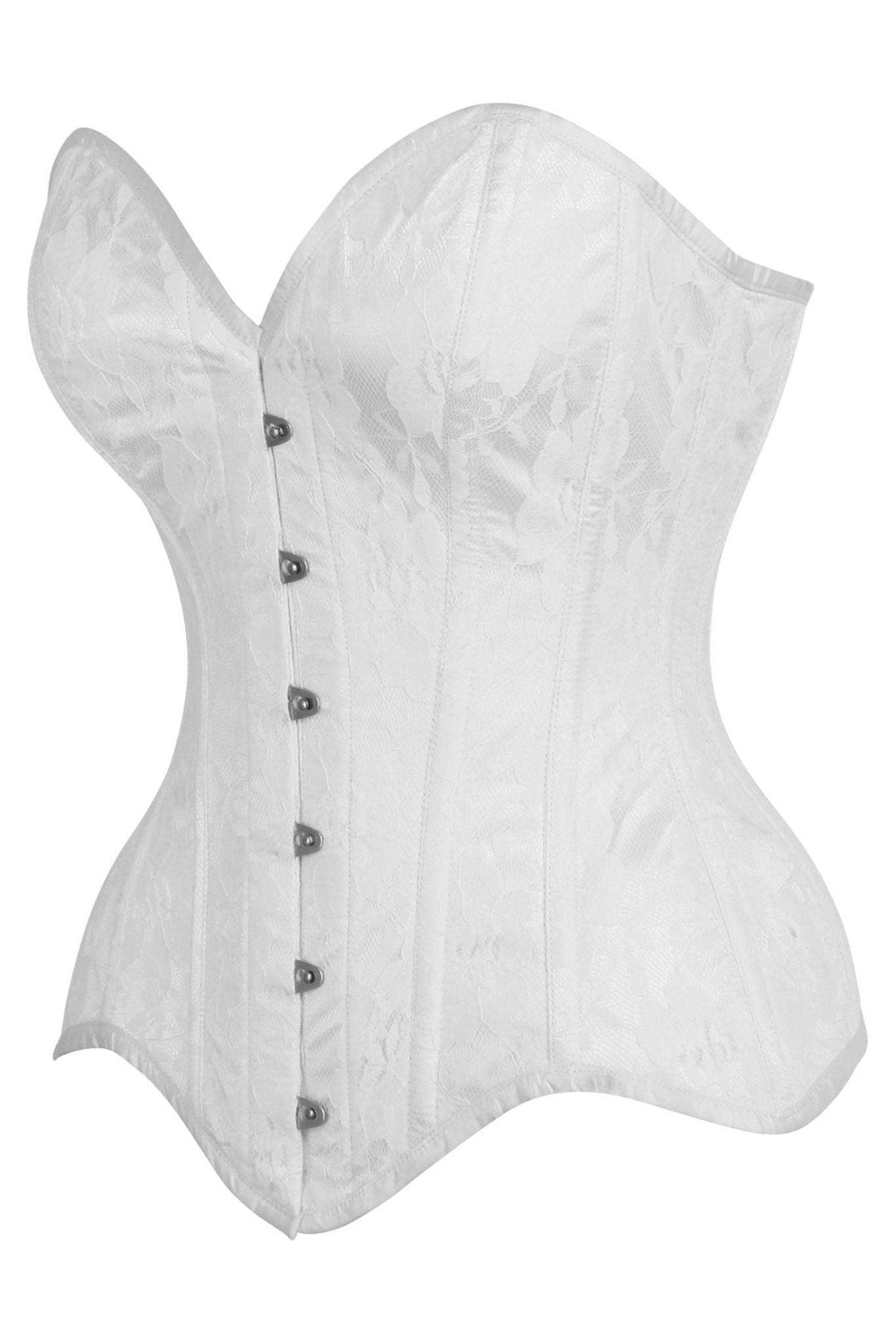 Top Drawer White Satin w/White Lace Overlay Steel Boned Overbust Corset - Daisy Corsets