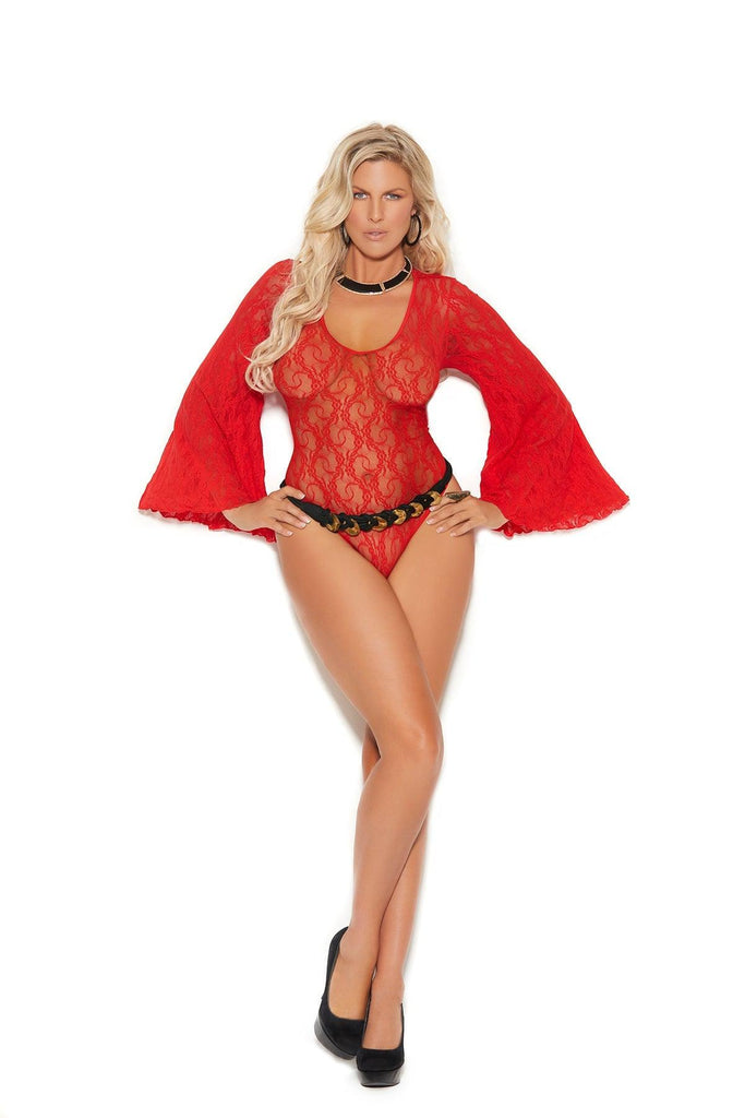 Elegant Moments Deep V Lace Teddy With Bell Sleeves And Keyhole Back Plus Size EM82301Q - Sincity Playwear
