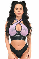 Daisy LV-1544 Lt Purple/Black Vinyl & Fishnet Halter Top Underwire Cincher