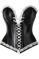 Daisy Black Faux Leather & White Lace Trim Steel Boned Corset