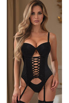 Lavish Black Lycra & Lace Hook & Eye Lace - Up Bustier Corset w/Garters - Daisy Corsets