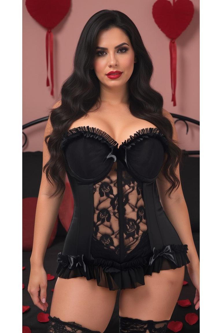 Lavish Black Lycra & Lace Hook & Eye Stretch Bustier Corset - Daisy Corsets