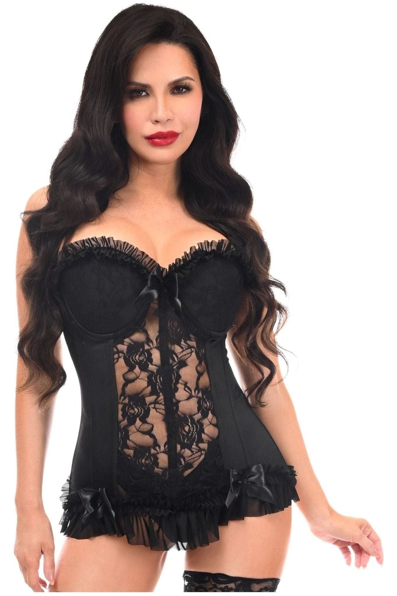 Lavish Black Lycra & Lace Hook & Eye Stretch Bustier Corset - Daisy Corsets