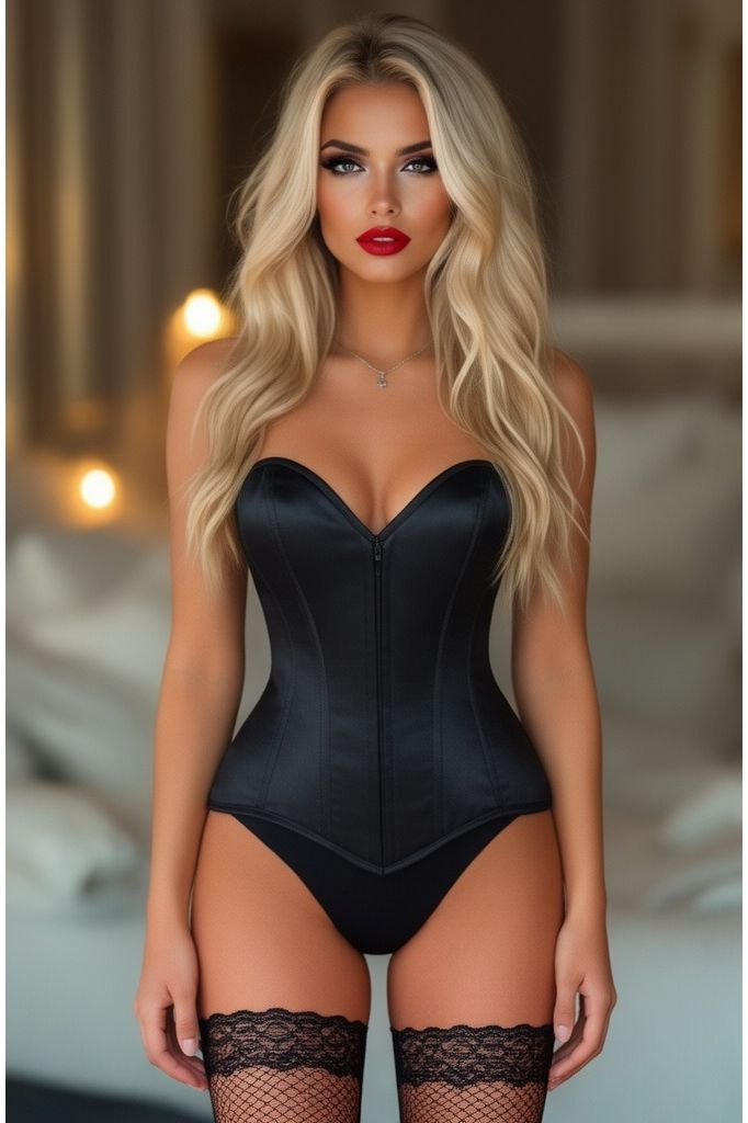 Lavish Black Satin Front Zipper Overbust Corset - Daisy Corsets