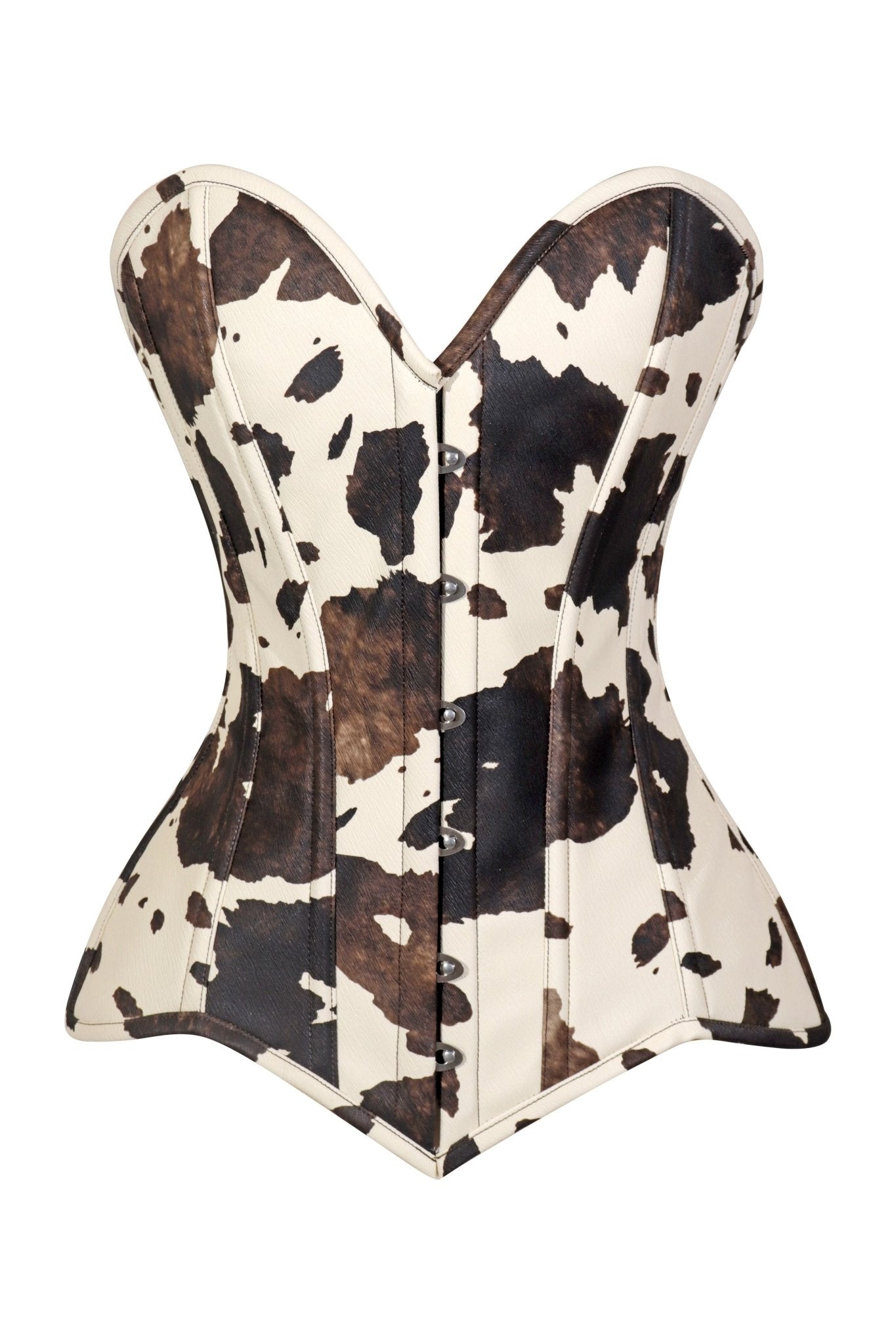 Lavish Brown/Cream Cow Print Faux Leather Overbust Corset Top - Daisy Corsets