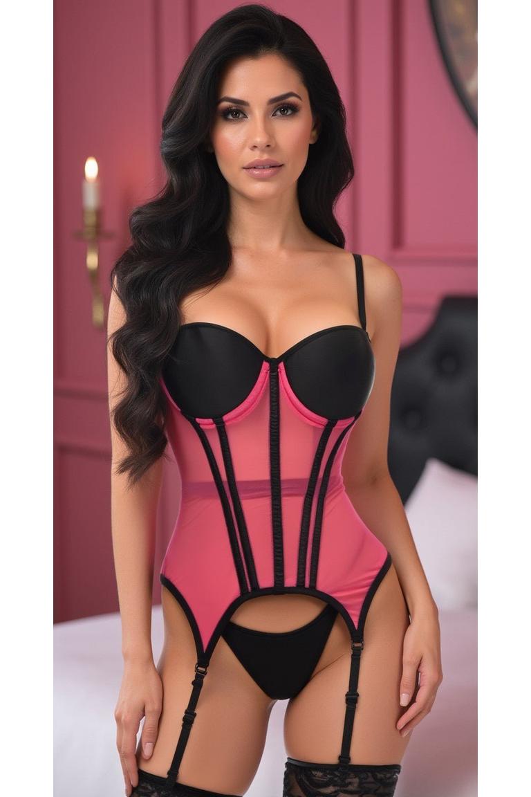 Lavish Pink/Black Mesh Underwire Bustier Corset w/Garters - Daisy Corsets