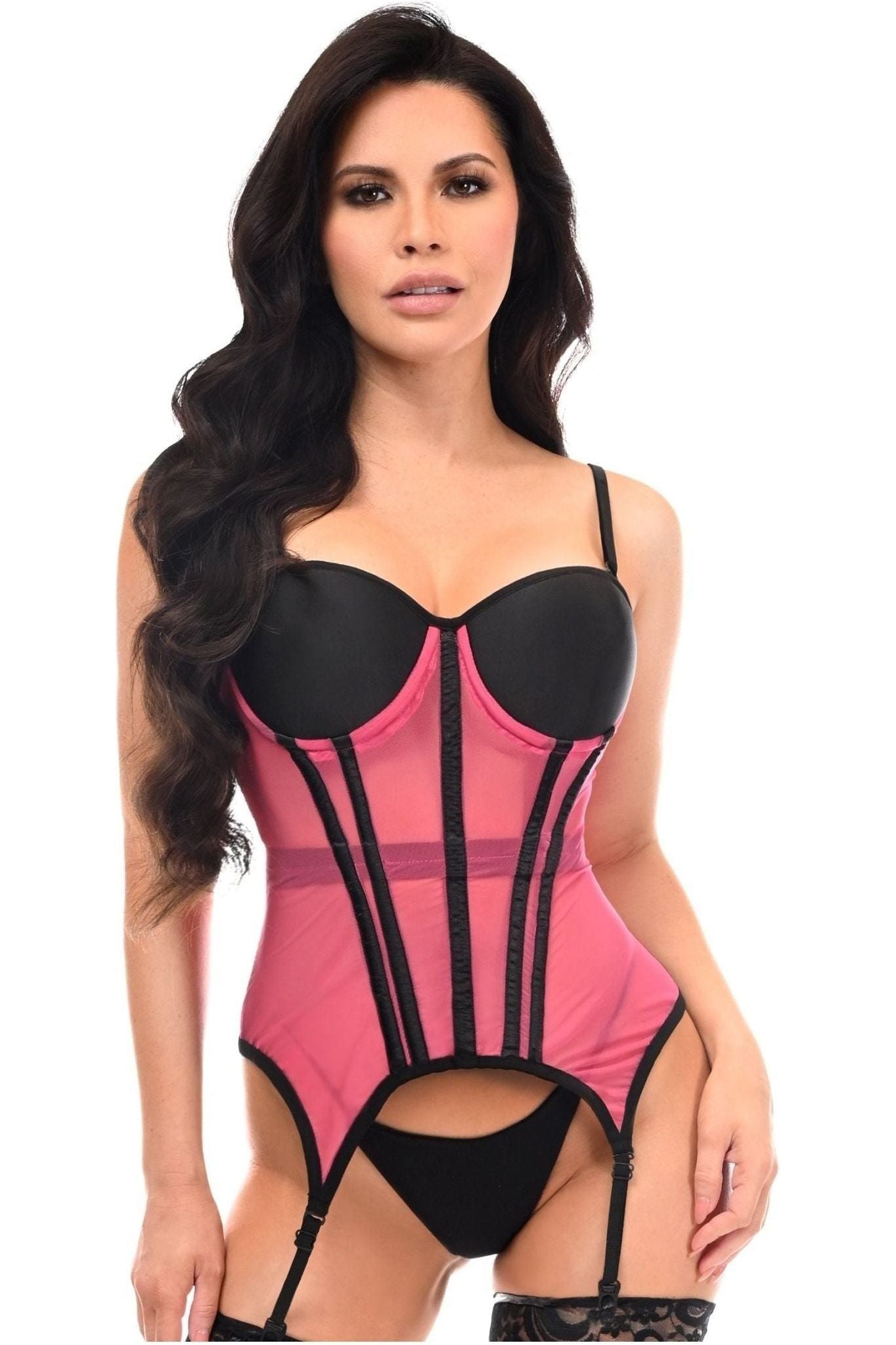 Lavish Pink/Black Mesh Underwire Bustier Corset w/Garters - Daisy Corsets