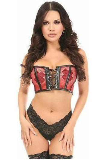 Lavish Red Fishnet & Faux Leather Lace - Up Short Bustier Top - Daisy Corsets