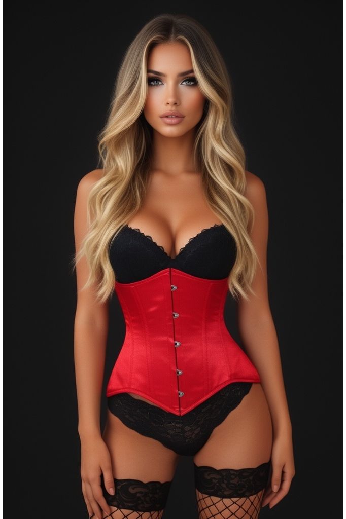 Lavish Red Satin Underbust Corset Waist Cincher Busk Closure - Daisy Corsets