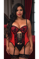 Lavish Red/Black Lycra & Lace Hook & Eye Lace - Up Bustier Corset w/Garters - Daisy Corsets