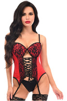 Lavish Red/Black Lycra & Lace Hook & Eye Lace - Up Bustier Corset w/Garters - Daisy Corsets