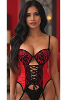 Lavish Red/Black Lycra & Lace Hook & Eye Lace - Up Bustier Corset w/Garters - Daisy Corsets