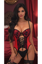 Lavish Red/Black Lycra & Lace Hook & Eye Lace - Up Bustier Corset w/Garters - Daisy Corsets