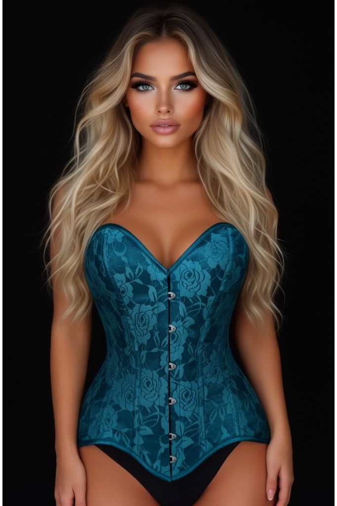Lavish Teal Lace Overbust Corset Sweetheart Neckline Busk Closure - Daisy Corsets