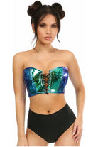 Lavish Teal/Blue Holo Lace - Up Short Bustier Top - Daisy Corsets