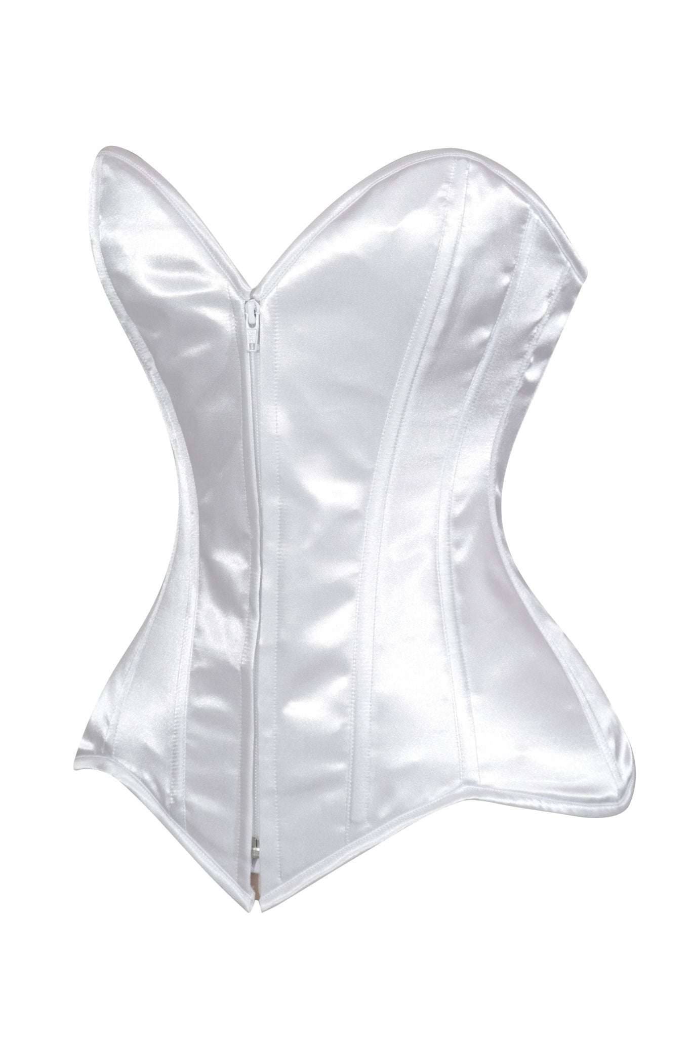 Lavish White Satin Front Zipper Overbust Corset - Daisy Corsets