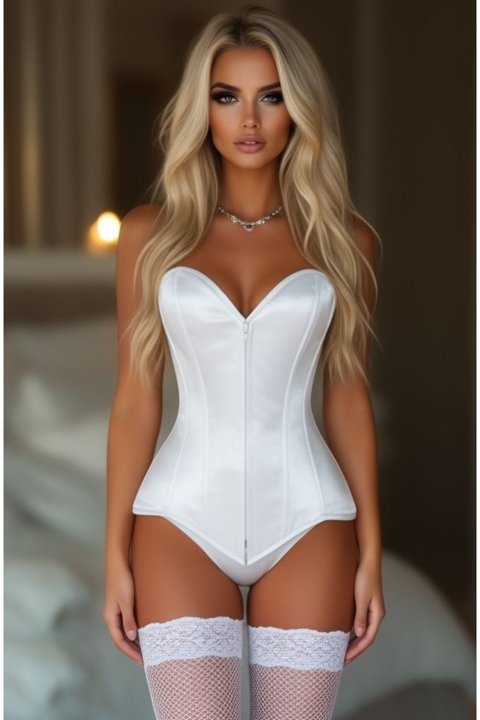 Lavish White Satin Front Zipper Overbust Corset - Daisy Corsets
