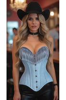Top Drawer Light Blue Denim Steel Boned Overbust Corset w/Fringe - Daisy Corsets