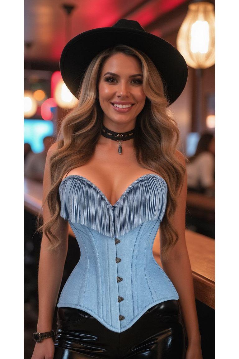 Top Drawer Light Blue Denim Steel Boned Overbust Corset w/Fringe - Daisy Corsets