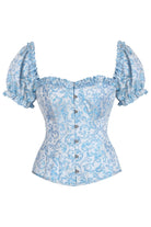 Top Drawer Steel Boned Blue Brocade Overbust Corset Top w/Sleeves - Daisy Corsets