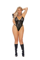 Elegant Moments Vinyl And Fishnet Halter Neck Teddy Plus Size EMV2286X